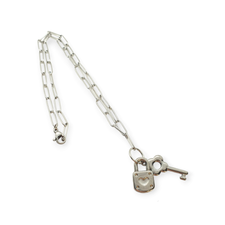 necklace silver steel chain paperclip key locker3